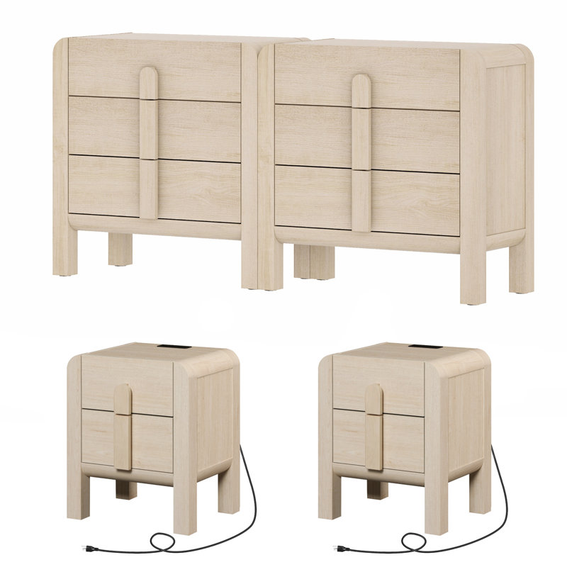 Ensemble de chambre à coucher 4 pièces 4 pièces, commode 6 tiroirs et table de chevet en bois, Beige