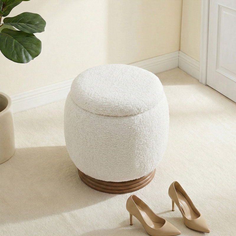 Round Ottoman With Storage, Acacia Wood Frame Small Coffee Table & Hidden Storage Ottoman For Living Room Fully Assembled