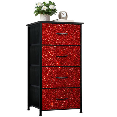 4 Drawer Vertical Storage Dresser Shiny burgundy maroon glitter with Wood Top Fabric Pull Drawers