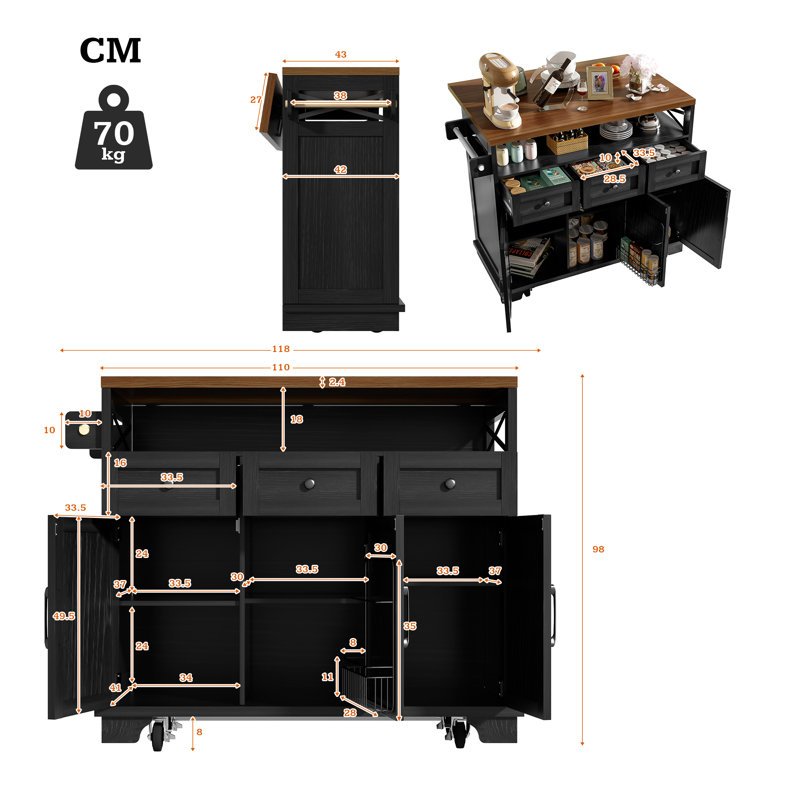 Wood Kitchen Island, Black