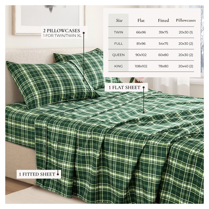 Soft Printed Microfiber Sheet Set, Queen Sheet Set with 2 Pillowcases, Forest Green Plaid