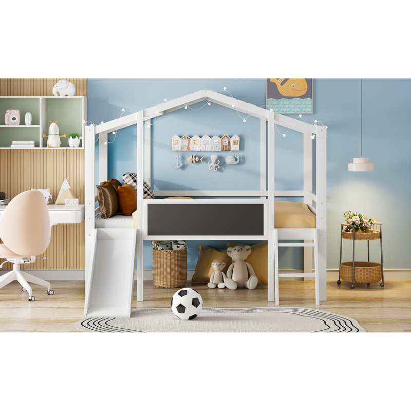 Twin Loft Bed With Slide And Blackboard - White House Attractive Strip Make Bedroom More Fun Stylish Easy To Assemble For Over 6 Equipped Romantic Beautifies Interior Fashionable Put Together