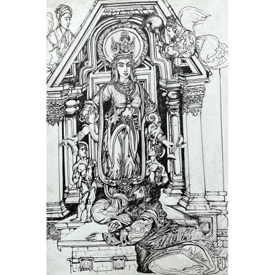 Kashmirmandala Vasini Saraswati | Croquis à l'encre | Anuj Shastrakar