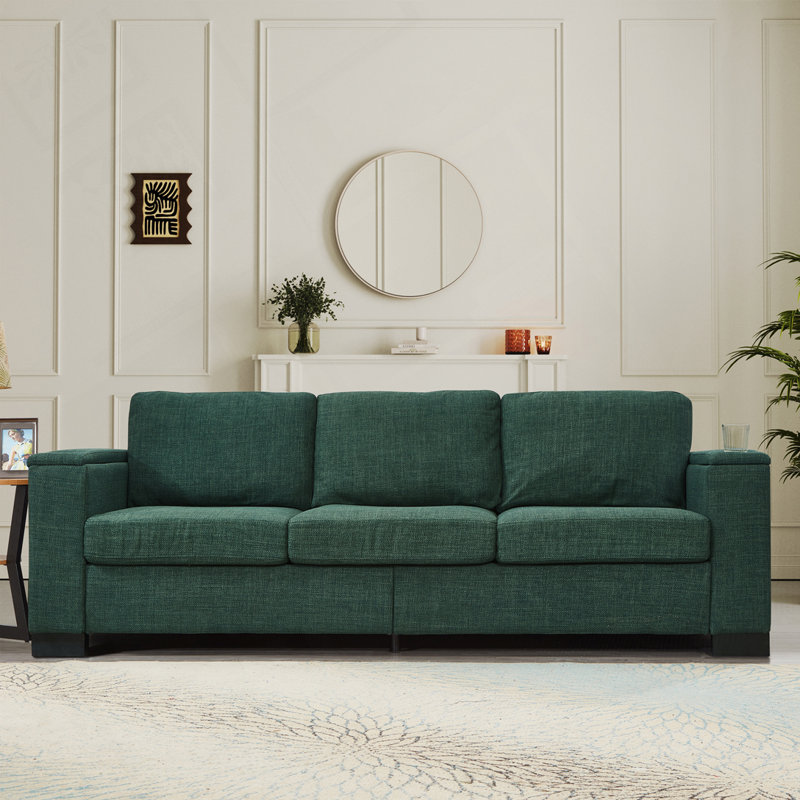 Canapé rembourré en polyester avec porte-gobelet et canapé de rangement, Vert, H 34,6 po x l 93,7 po x P 32,3 po