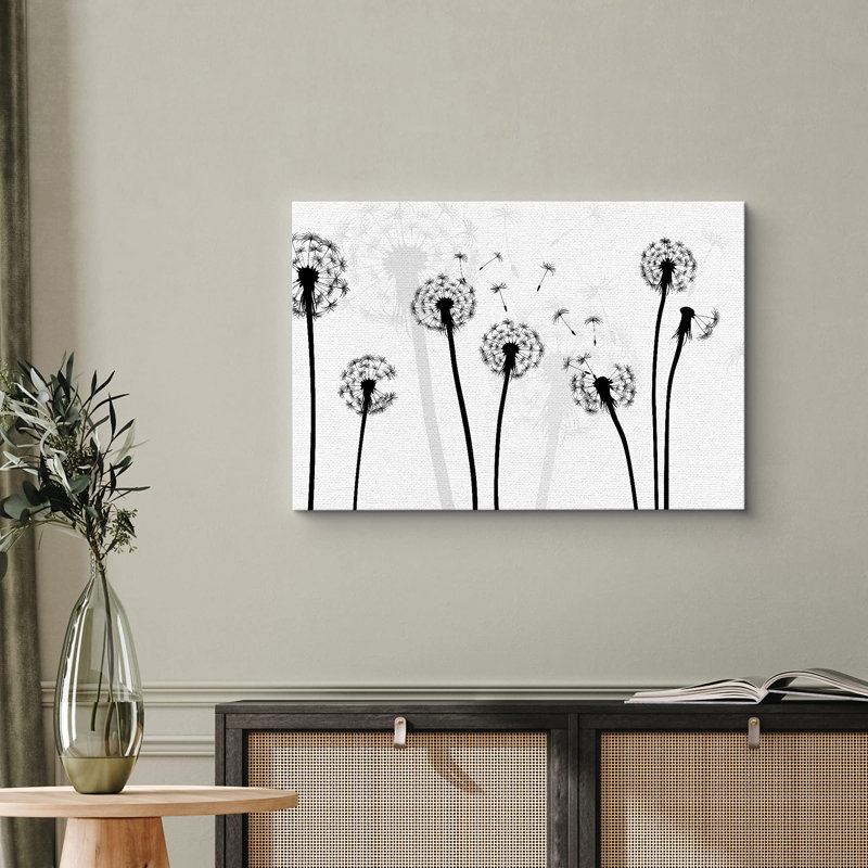 «Black and White Windy Dandelion Silhouettes» sur toile, H 24 po x l 36 po