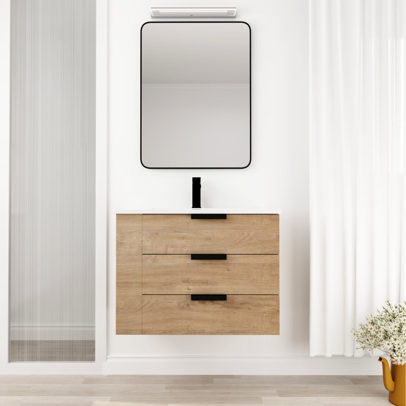 Meuble-lavabo mural 30 po, imitation chêne brillant, 3 tiroirs, lavabo en résine, poignée, fermeture en douceur, tablette latérale réglable pour une apparence brillante, attrait