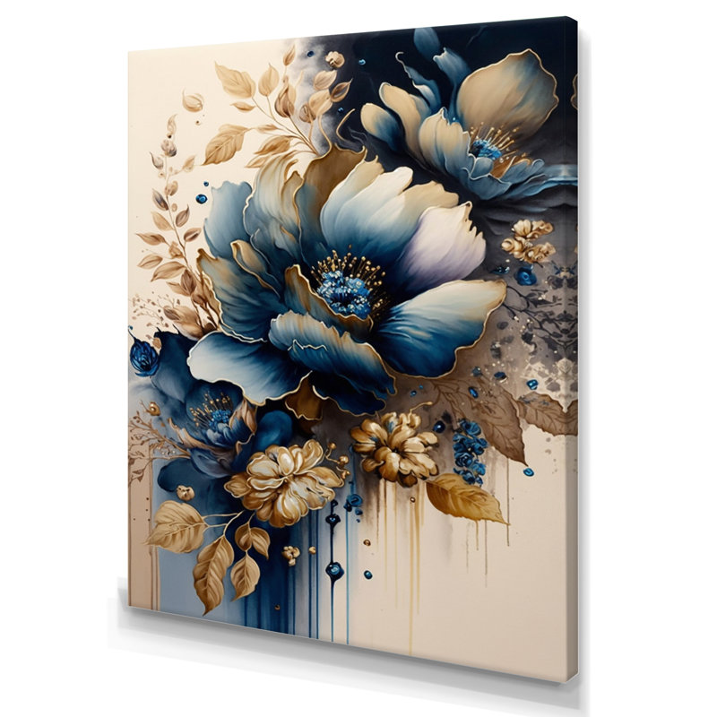 «Blue and Gold Floral Bunch III», art mural floral grand, H 32 po x l 24 po x P 1 po, Toile tendue