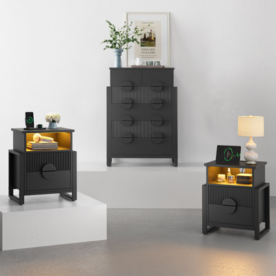Wrought Studio™ 3 Piece Bedroom Set - 6 Drawer Fluted Tall Dresser And Two 2 Drawer Fluted Nightstands by Wrought Studio