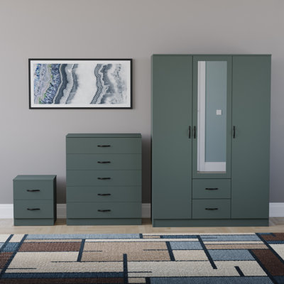Maybery 3 Piece Bedroom Set (2 Drawer Bedside Chest, 5 Drawer Chest, 3 Door 2 Drawer Mirrored Wardrobe), (5)