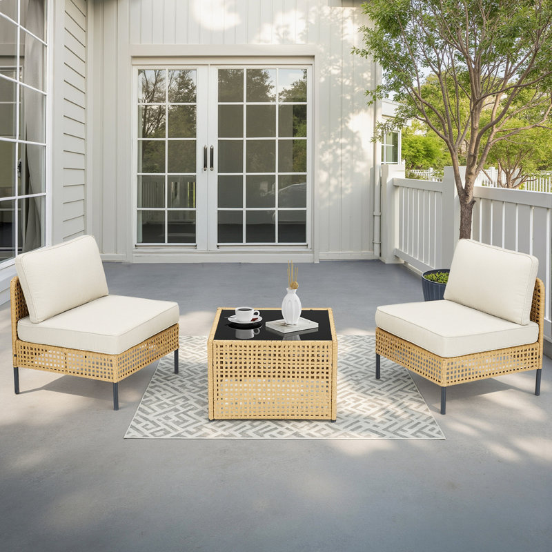 Ensemble de mobilier modulaire de patio 3 pièces, canapé de conversation modulaire en rotin PE avec table d'appoint et coussins beiges, pour terrasse de jardin