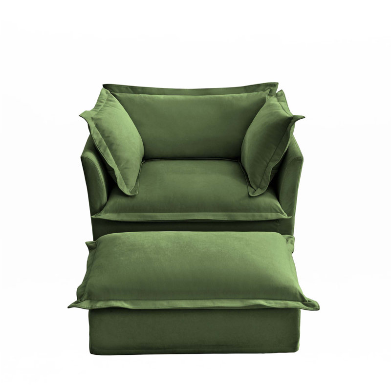 Fauteuil rembourré avec housse avec repose-pieds, Chenille verte