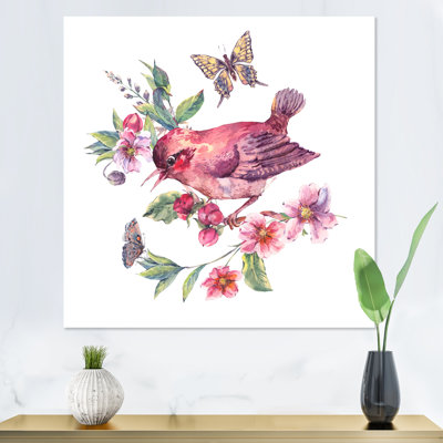 Oiseau sur une branche en fleurs I - peinture sur toile