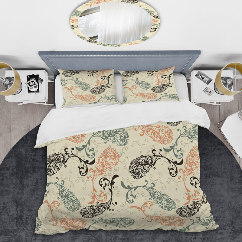 Ensemble de housse de couette en microfibre beige / noir / orange, Housse de couette pour très grand lit et 2 très