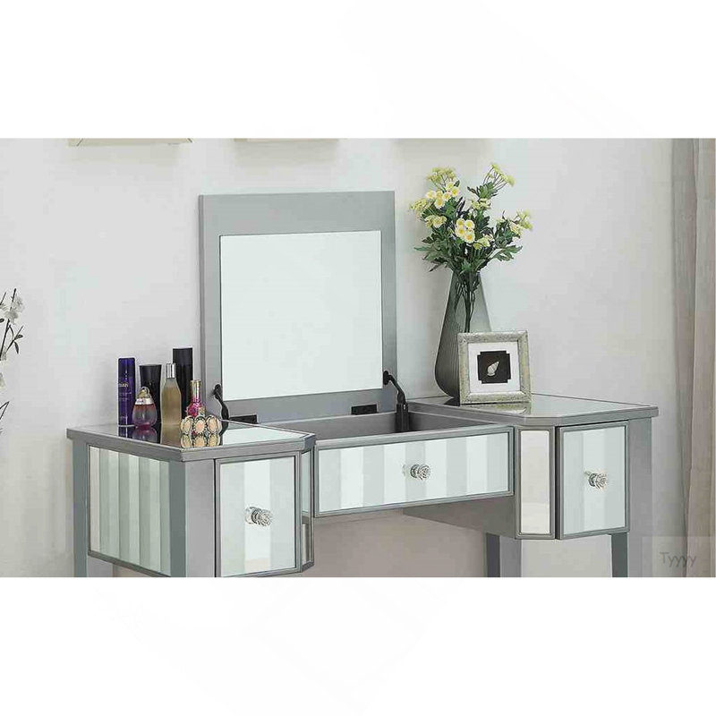 Transitional Style  1Pc Vanity W/ Stool Set Core Design Storage Drawers Central Mirror Padded Stool Silver Finish Bedroom Furniture