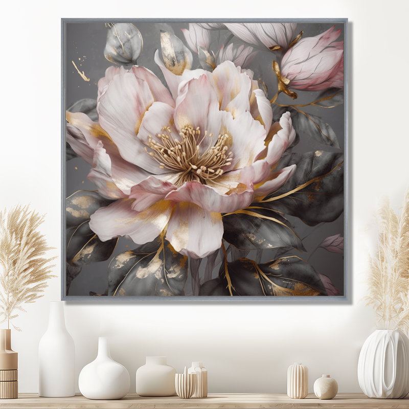Rose et gris pivoines en fleurs III - pivoines, art mural, H 36 po x l 36 po, Encadrement argenté
