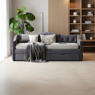 Upholstered Cloud Bed Frame With Headboard, With 2 Storage Drawers And 2 USB Charging Design, Solid Wood Legs And Slats, No Box Spring Needed,Full