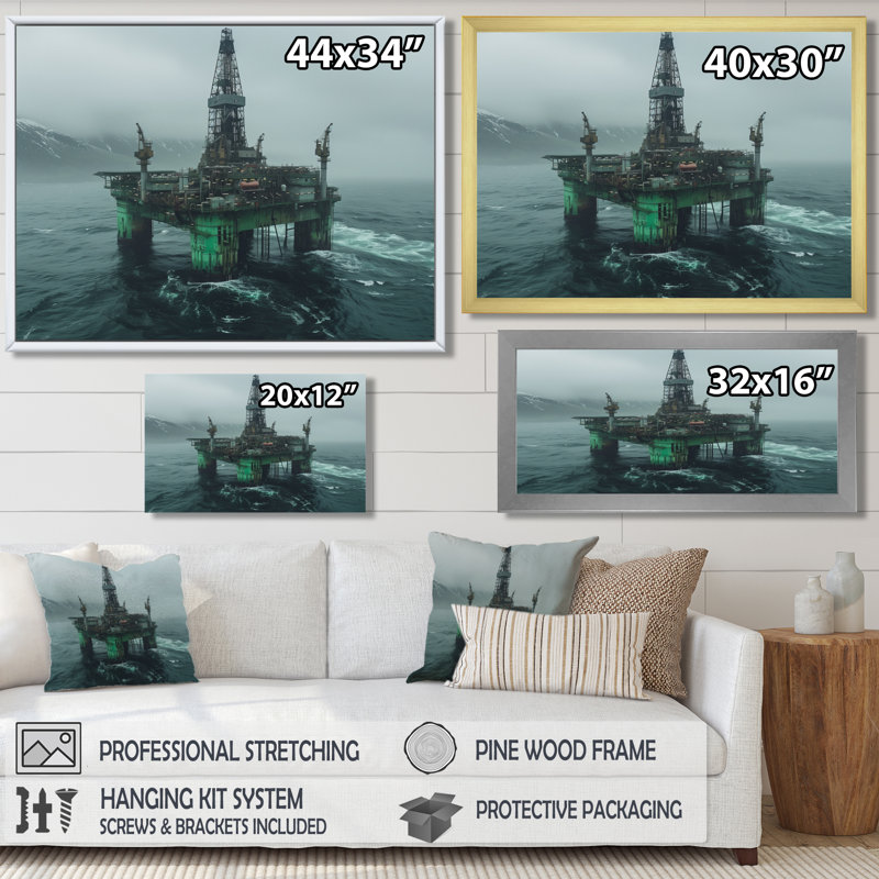 «Grey Green Winter Drilling Dynamics Oil Rig I», reproduction d'art sur toile, Toile avec cadre flottant brun