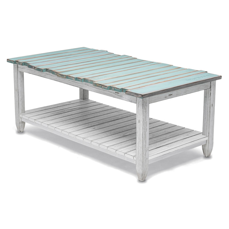 Table basse en bois massif avec rangement Decastro, Bleu / blanc