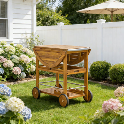 Outdoor Acacia Wood Bar Cart With Foldable Tabletop & Removable Trays, 35.5" Rolling Serving Cart For Patio, Deck & Backyard