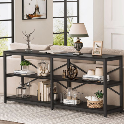 Console très longue de 70,9 pouces avec tablettes de rangement, canapé industriel à 3 niveaux derrière le canapé, table d'entrée moderne avec structure en métal et conception à dossier en X pour le salon, le couloir