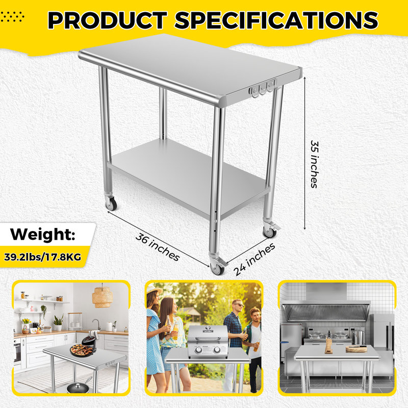 Table en acier inoxydable NSF, table de préparation en métal à 2 niveaux avec base réglable, roulettes et dosseret, table de préparation pour utilisation commerciale dans la cuisine, le restaurant, le garage, l'entrepôt, l'extérieur