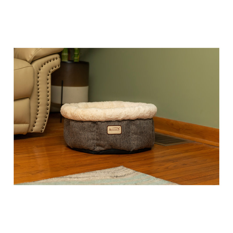 Gray and Beige Round Plush Velvet Cat Bed