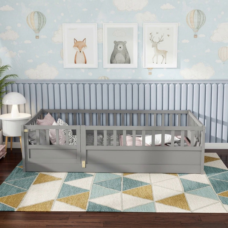 Twin Size Montessori Wooden Floor Bed With High Security Barrier And Door, Grey, Ideal For Children's Safe And Comfortable Sleep