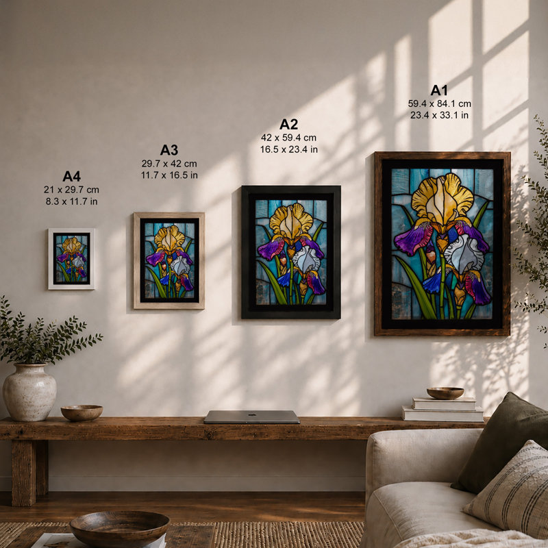 Iris in Stained Glass Botanical - Framed Print, A1 - 84.1 x 59.4 cm, Oak