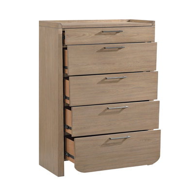 Commode moderne en bois brun clair à 5 tiroirs, avec assemblage à queue d'aronde et glissières à billes.