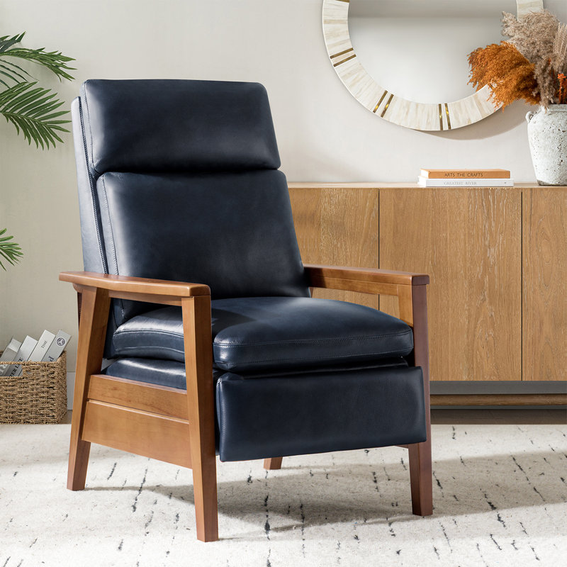 Gladys Mid-Century Modern Genuine Leather Pushback Recliner with Solid Wood Arms, Navy