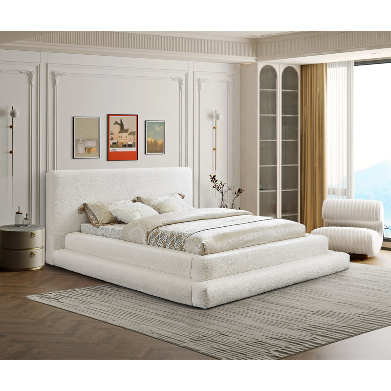 Hoffarth Upholstered Platform Bed, King, Cream Faux Shearling Teddy Fabric
