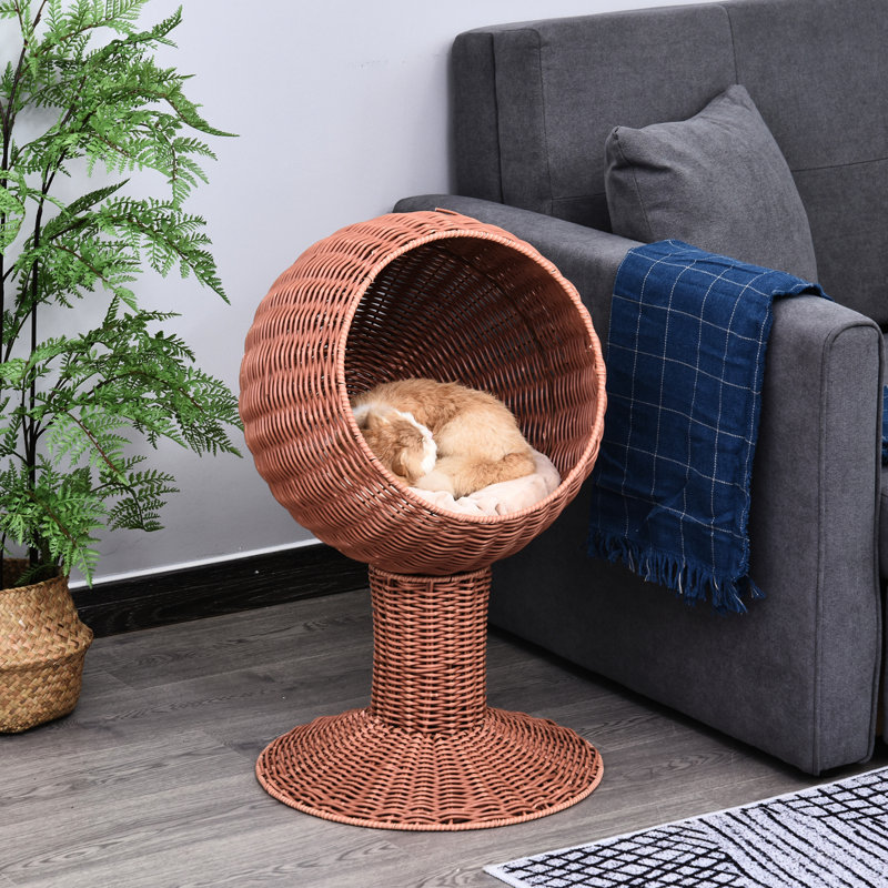 Lit de chat pivotant en forme de coquille d'œuf avec coussin épais, maison surélevée en herbe naturelle marron avec coussin et panier, herbe.
