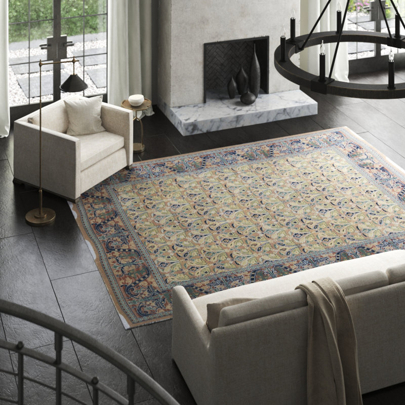 Wool Oriental Area Rug in Beige/Dark Blue
