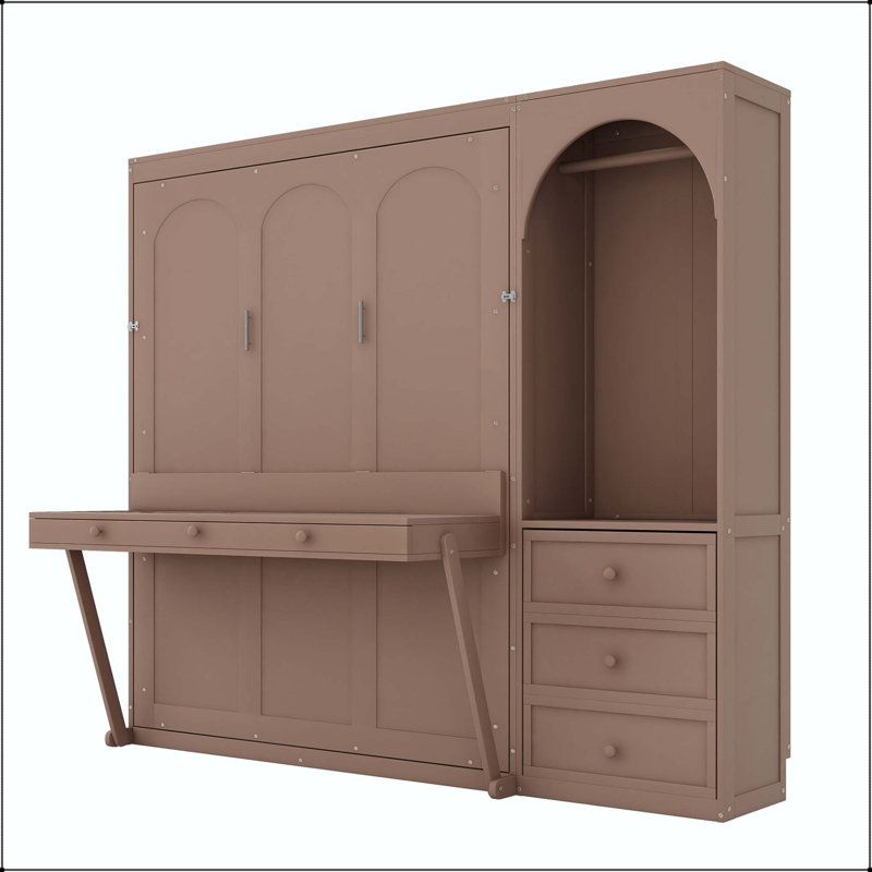 Grand lit escamotable avec bureau, rangement et lumière DEL, Brown