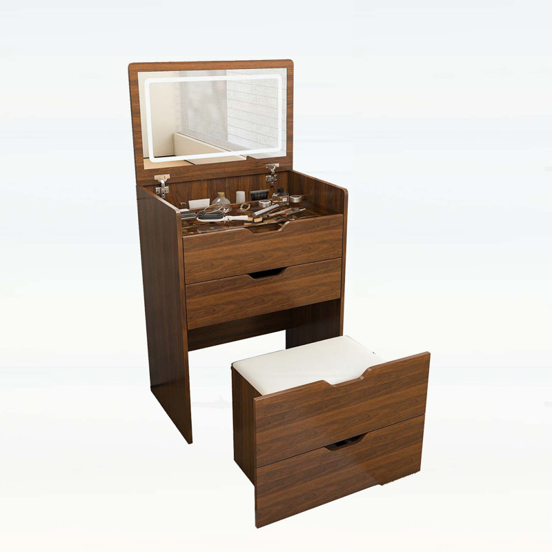 Bureau de coiffeuse 3-en-1 avec miroir éclairé et tabouret de rangement, coiffeuse compacte pour la chambre à coucher, la salle de bain ou le vestiaire (23 po, noyer)