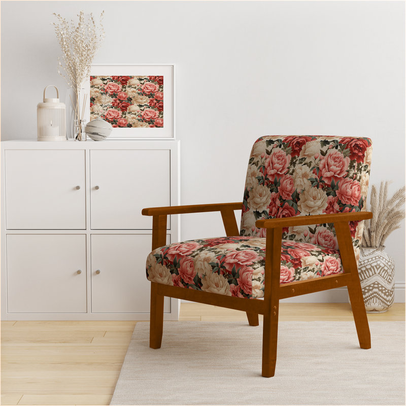 Fauteuil d'appoint rembourré en velours Vintage Rose Floral, Accoudoirs carrés bruns