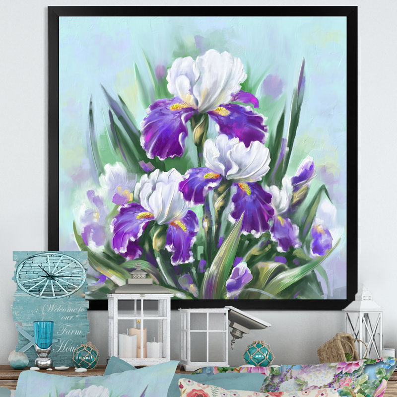 Fleurs et iris mauves en fleurs, Impression noire sur toile encadrée, H 16 po x l 16 po x P 1 po