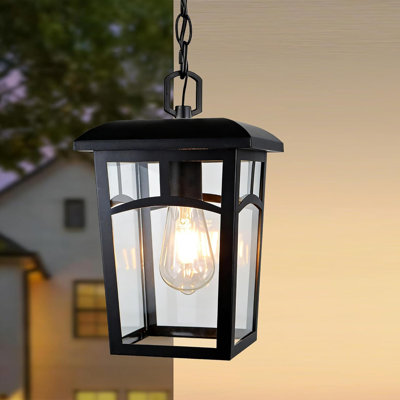 Luminaire suspendu d'extérieur, lanterne de porche noire de style campagne avec verre transparent, lustre extérieur moderne à base E26 pour porte d'entrée, patio, entrée, pavillon de jardin, cour arrière