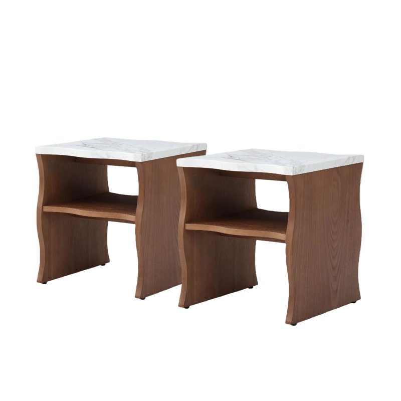 Ensemble de 2 tables d'appoint style Mid-Century avec plateau en faux marbre, table de bout à 2 niveaux, 2, Bois de noyer