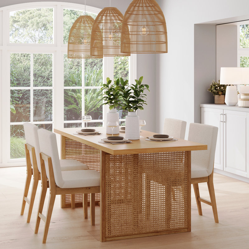 Table de salle à manger Boho pour 6 avec décorations en rotin, Pin chaud