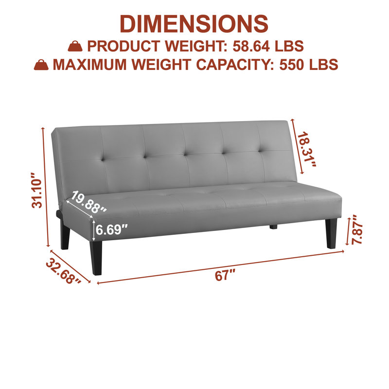 Mercia 66.1'' Wide Faux Leather Tufted Back Convertible Sofa Button Tufted Futon, Sleeper Bed, Gray Faux Leather