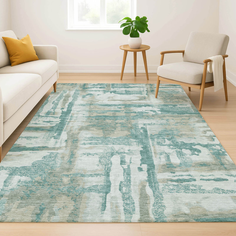 Tapis abstrait lavable à la machine de qualité supérieure Mayfield, Sarcelle, 9 pi x 12 pi