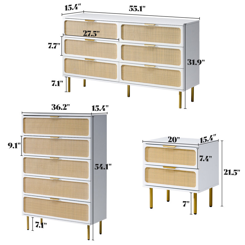 4 Pieces Rattan Boho Bedroom Set, 4 Pcs: 2 Nightstands, 2 Dressers