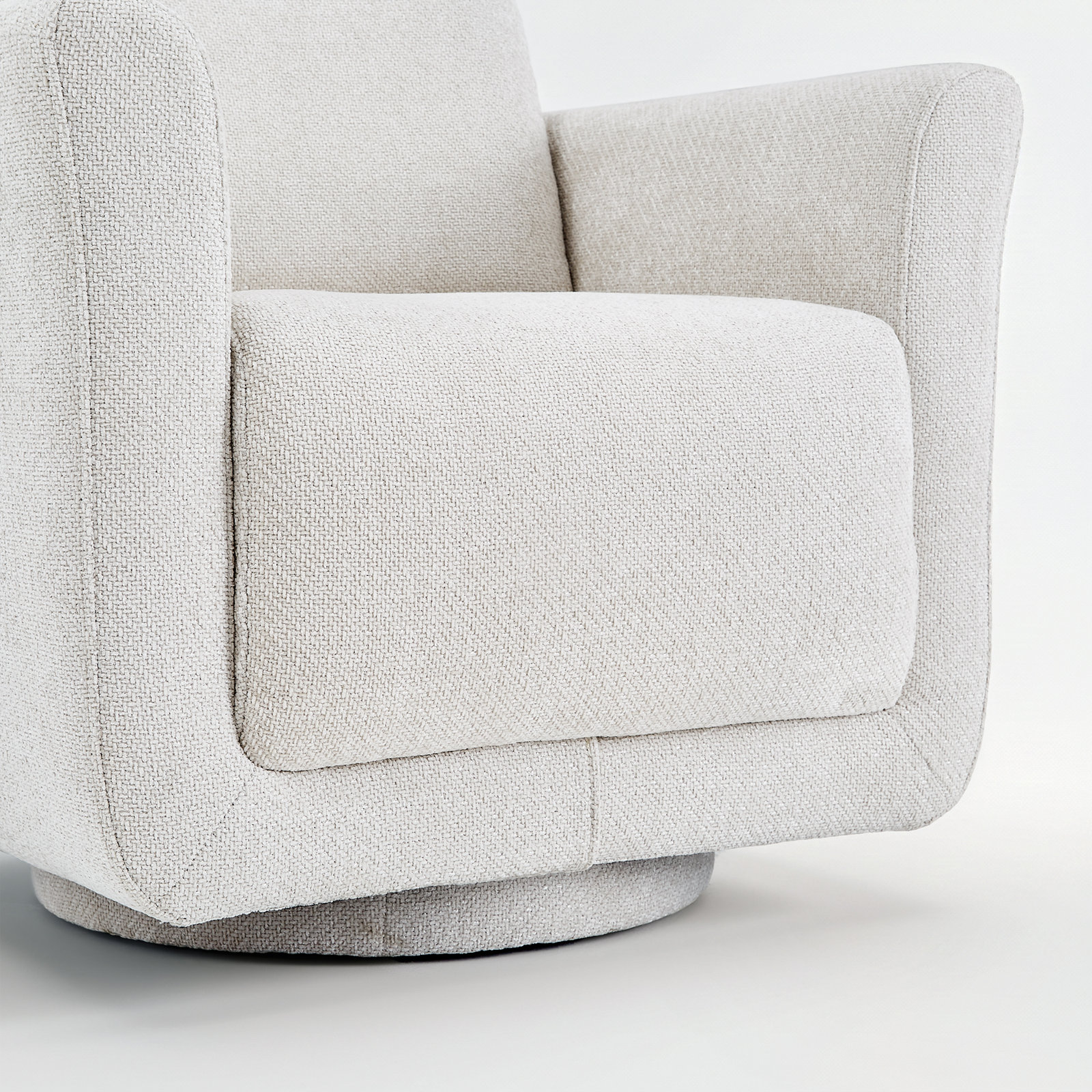 Scottie Eucalyptus Swivel Barrel Chair, Soft Ecru Performance Chenille