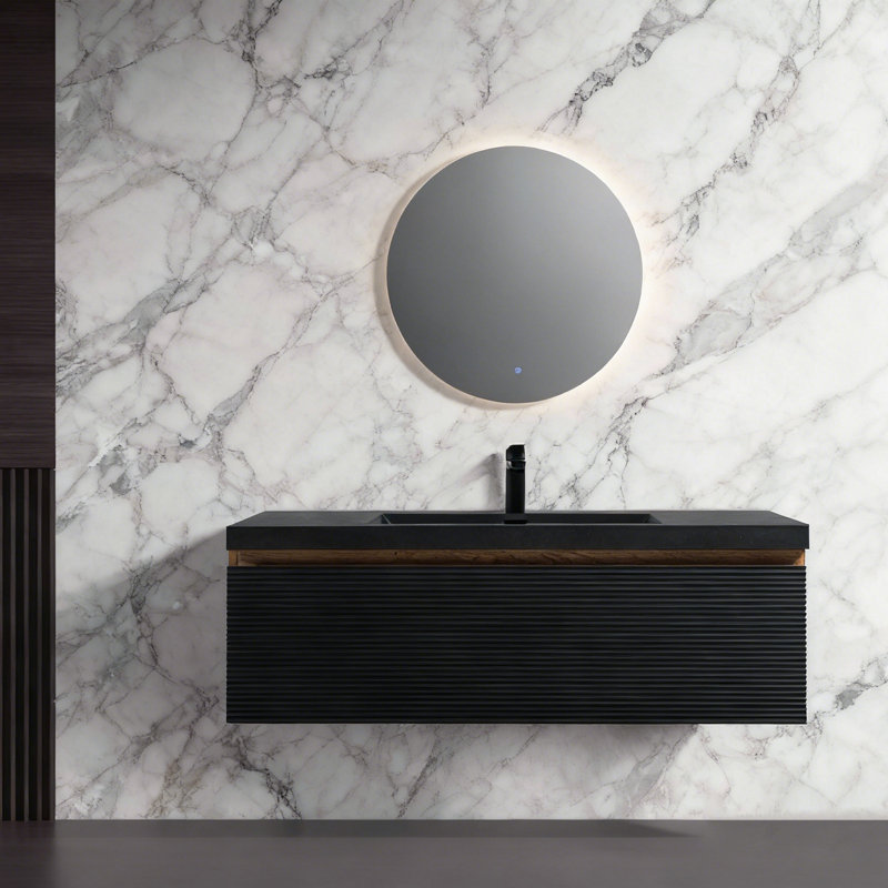 Meuble-lavabo flottant mural 48 po avec comptoir en quartz noir et chêne naturel pré-assemblé, 48"