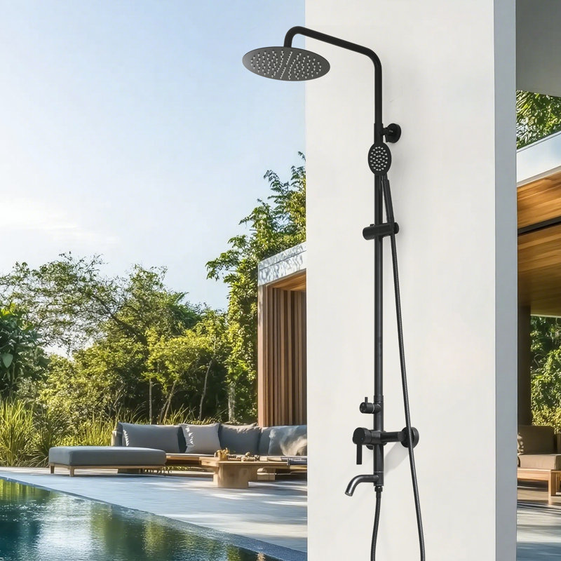 47" H Wall Mounted Stainless Steel Adjustable Height Outdoor Shower with Footwash Spout, Matte Black