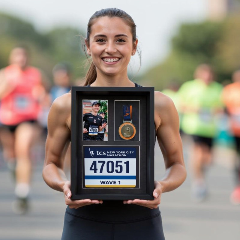 3-in-1 Shadow Box Display with Real Glass (Medal, Race Bibs, and Photo Display) – Marathon Medal Display and Frame, Triathlon & Running Bib Holder, Wall-Mounted, Real Tempered Glass