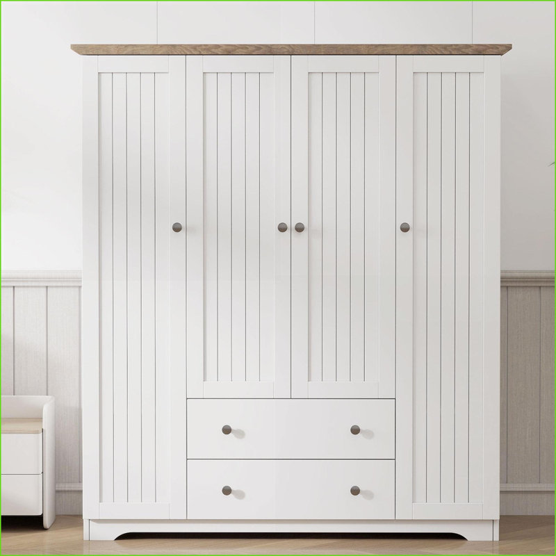 Chests &amp; Wardrobes | Classic 4-Door Armoire with 2 Drawers, White | Pine Wood+MDF, White