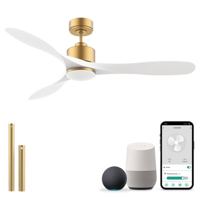 Ventilateur de plafond en bois massif de 52 pouces avec lumière, ventilateur de plafond doré avec télécommande, ventilateur de plafond à DEL à 6 vitesses à intensité variable pour la chambre à coucher, fonction de commande vocale pour l'extérieu