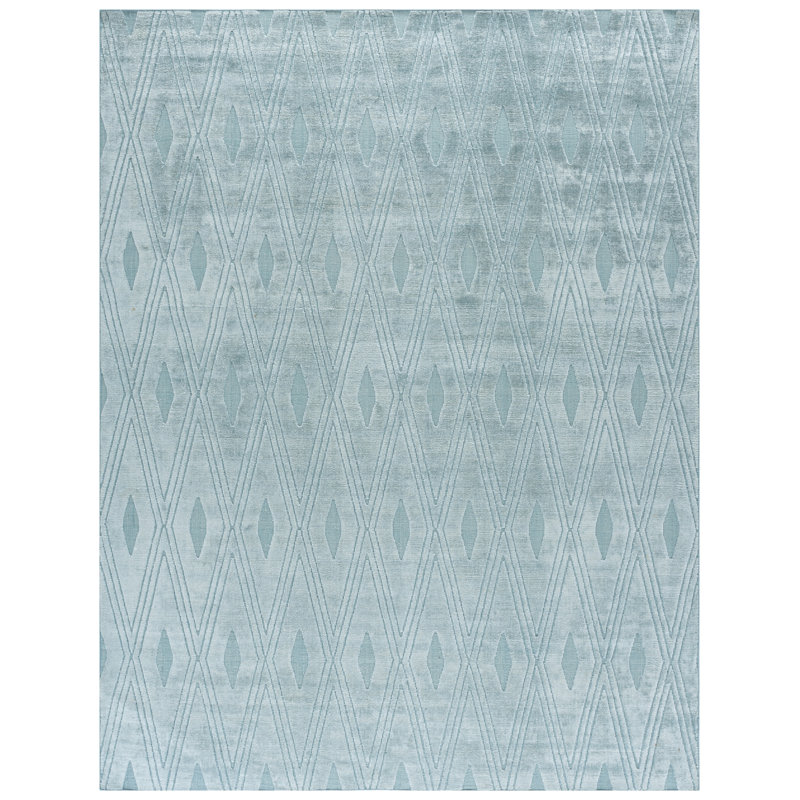 Tapis bleu en laine / viscose / coton tissé à la main Aderinola, Rectangulaire 8 pi x 10 pi